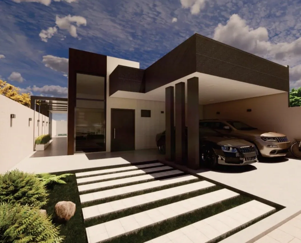 Perspectiva de casa térrea com volume escuro, pilares e garagem para dois carros
