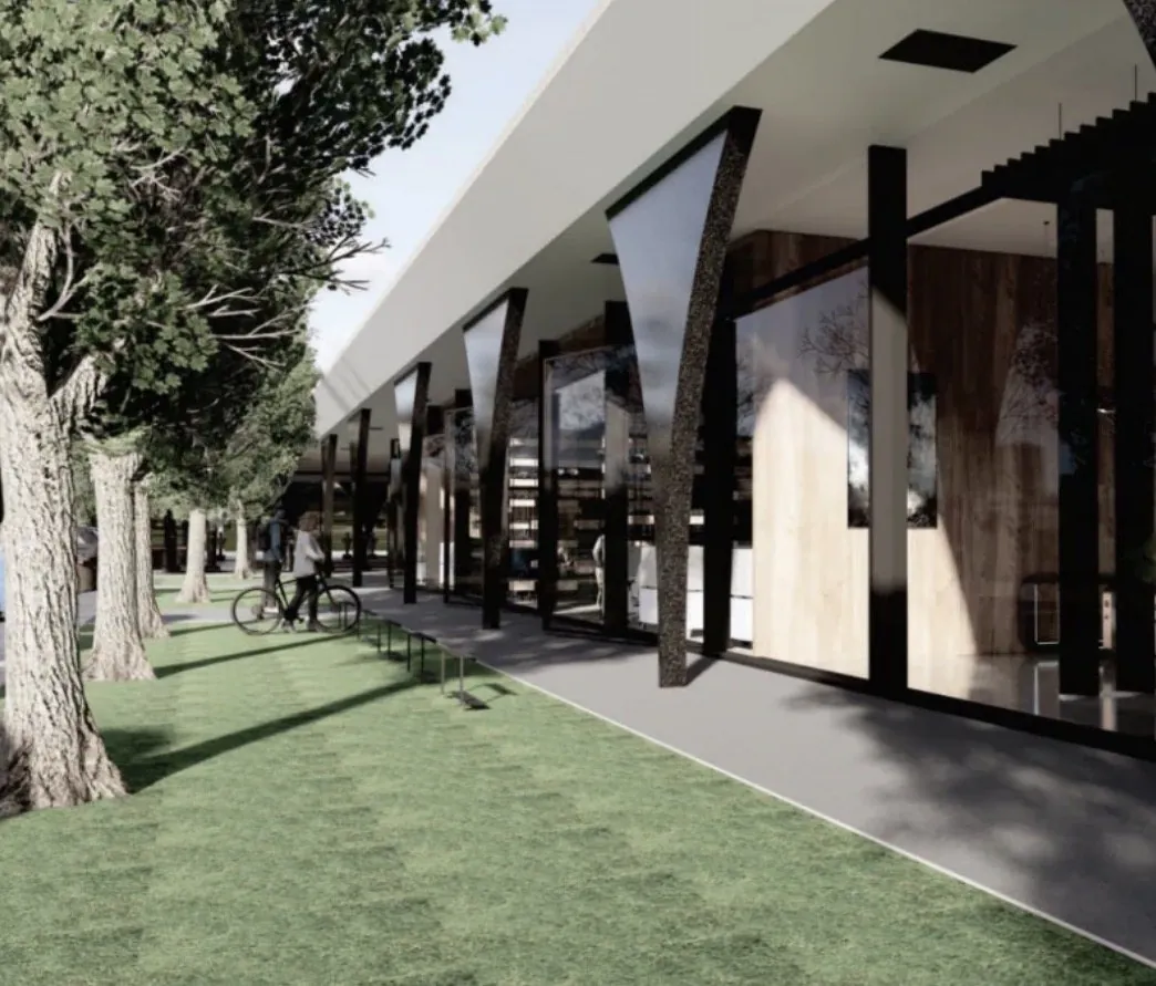 Perspectiva de fachada comercial com galeria coberta, pilares esculturais e árvores