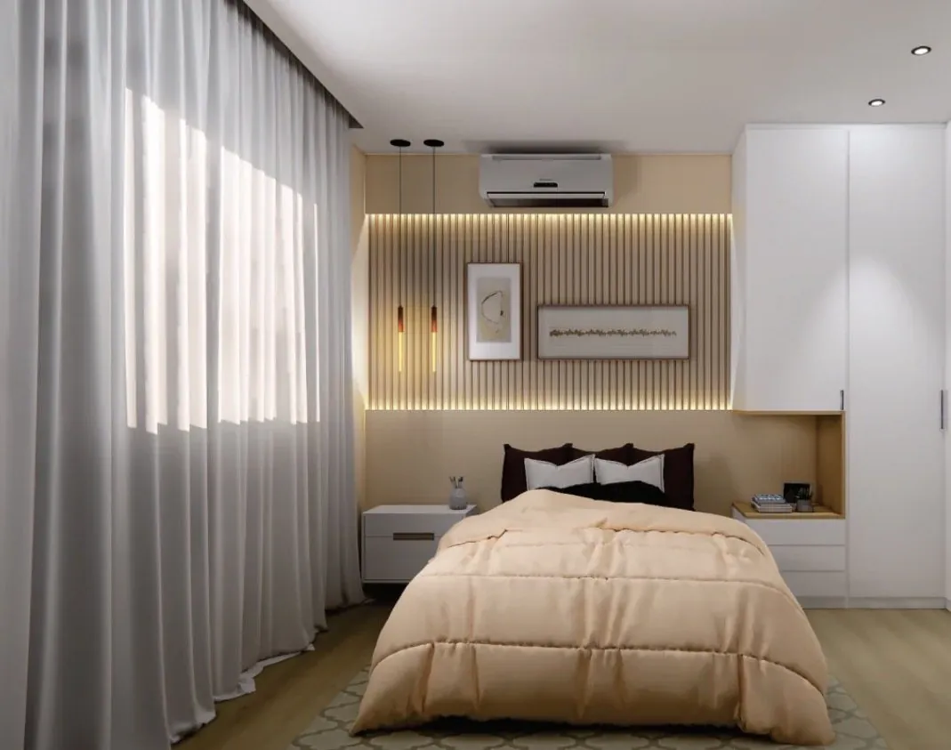 Perspectiva de quarto com painel ripado iluminado e marcenaria branca